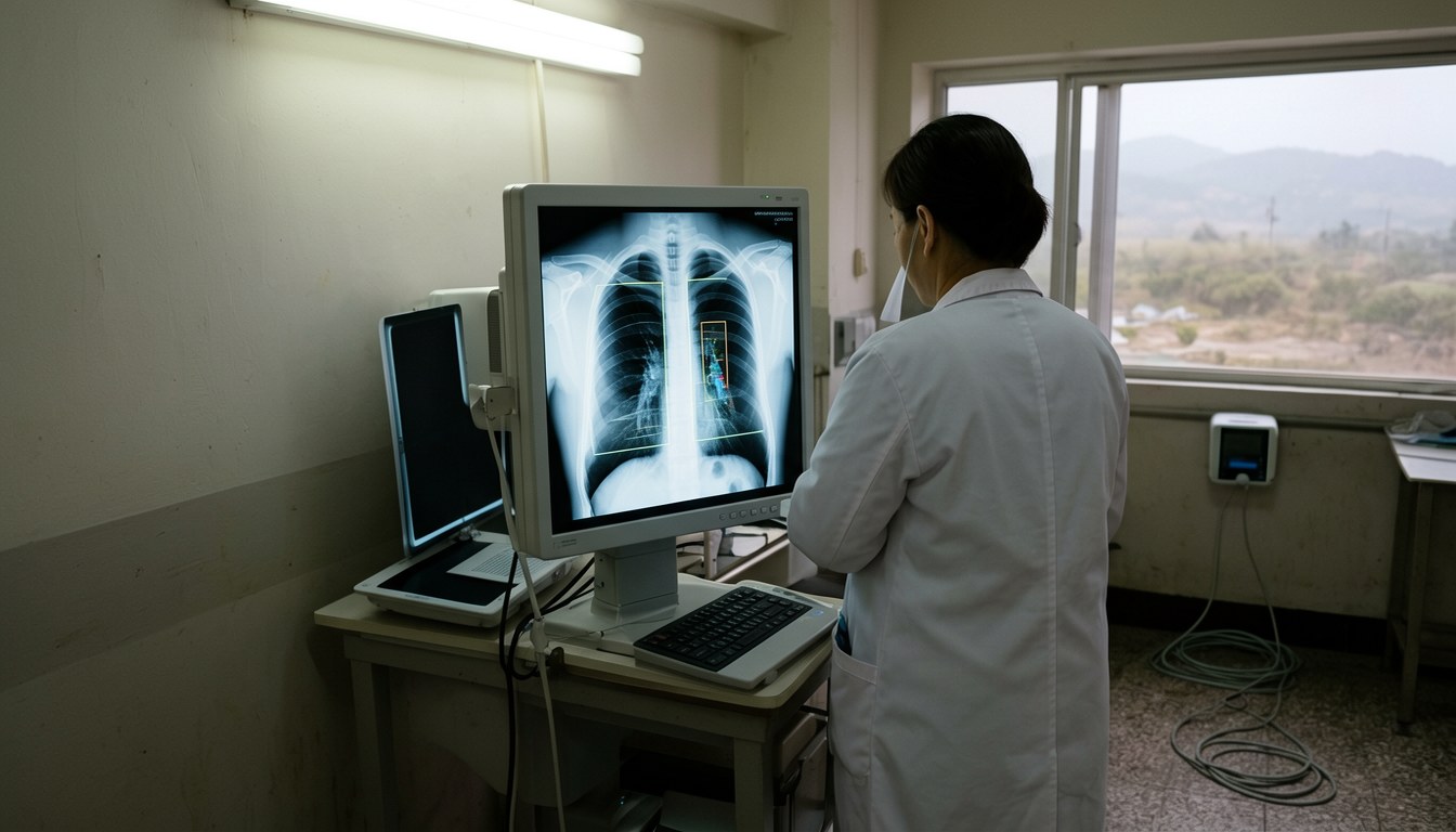 示意圖：基層診所一名醫生背對鏡頭喺燈光箱前閱讀胸片，桌上有數字 X 光讀取器。