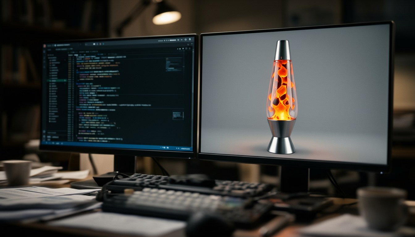開發者工作站螢幕顯示 3D 程式碼與渲染畫面，背景為簡潔辦公室環境