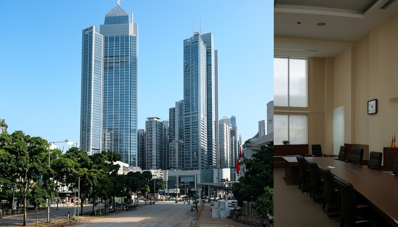 示意圖：黄昏時分跨河望對岸環球金融區的高樓群，象徵香港與新加坡兩地金融中心的對比。