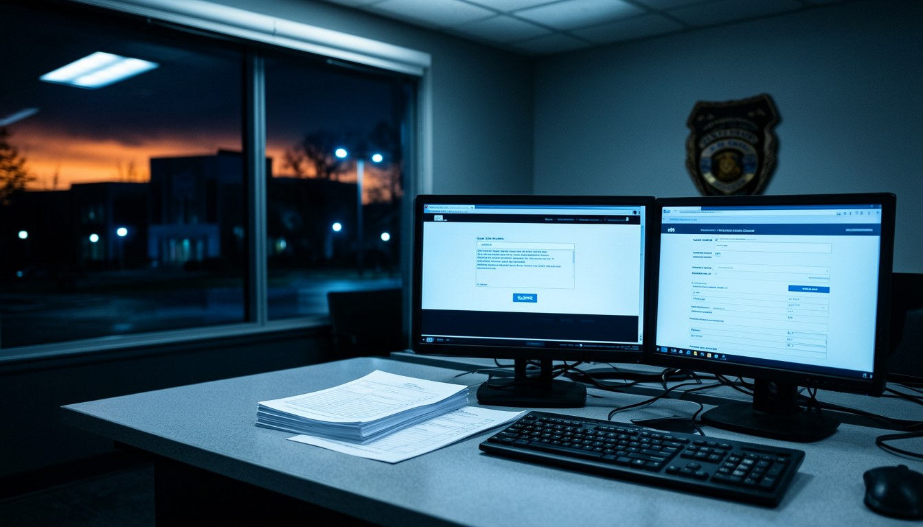 示意圖：昏暗嘅政府機構走廊，遠處有一部亮緊嘅電腦顯示器