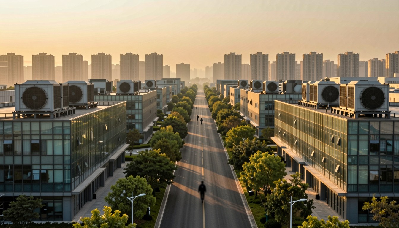 示意圖：江南水鄉嘅 AI 科創園區，一排低層玻璃研發樓同樹蔭大道。