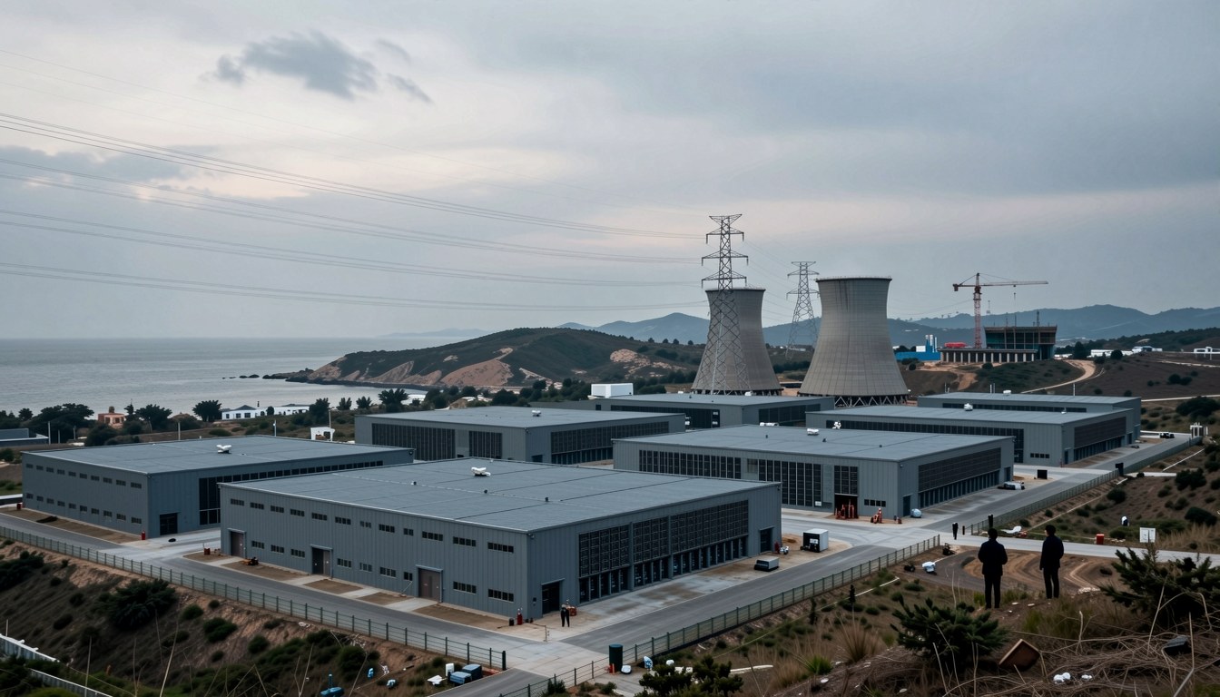 沙嶺數據園區建設中嘅示意圖，遠景為數據中心大樓同電塔，無人出現，無文字。
