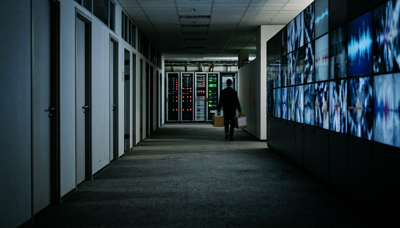 AI 數據中心伺服器機房，控制面板亮着紅色警號燈（示意圖）