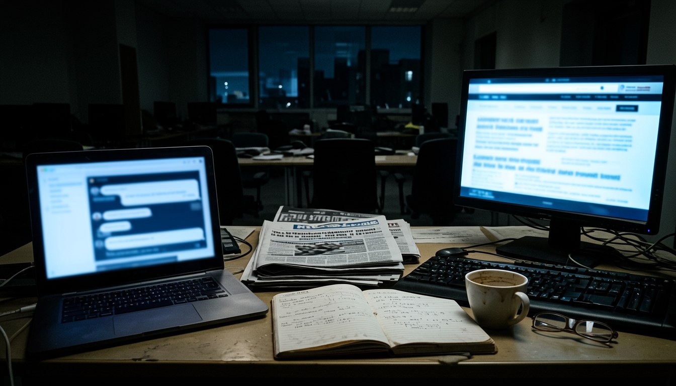 示意圖：暗色辦公室桌上幾部電腦螢幕顯示程式碼與新聞稿件版面，桌上散落新聞剪報，無人