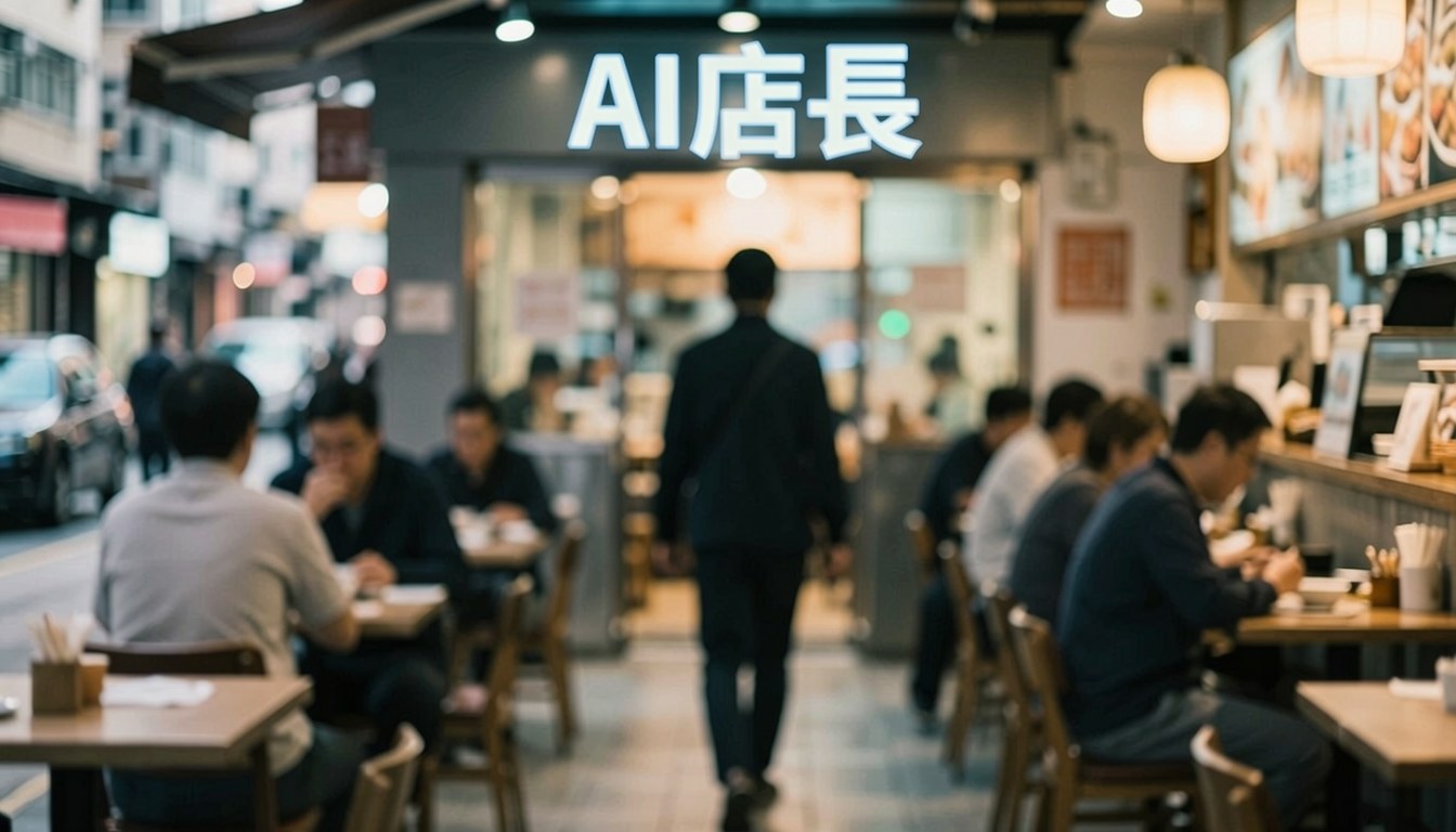 示意圖：一個戴白色頭盔的外賣送餐員站在城市建築群前面，背景是模糊的高樓大廈，畫面中沒有清晰可辨的人臉。