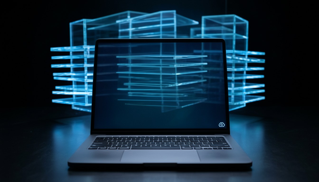 一部 Mac 電腦喺辦公桌上面靜靜運行，螢幕顯示離線檔案整理介面，背景係柔和光線嘅工作空間。