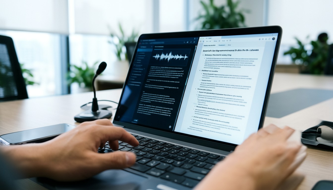 Mac 電腦螢幕顯示語音轉文字介面，背景模糊嘅辦公環境，無人出現