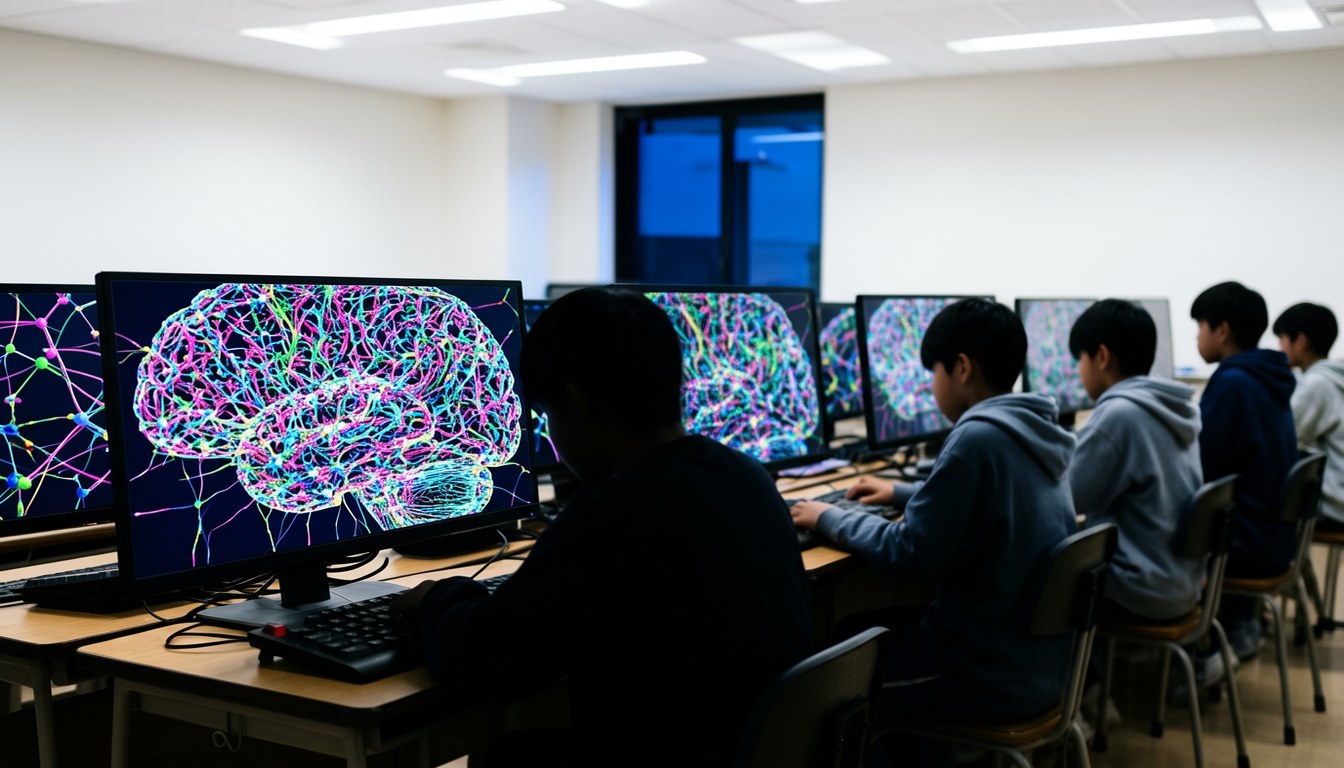AI 示意圖：一個腦部影像入面有神經網絡連線，代表神经科学主题嘅 AI Quest 关卡。