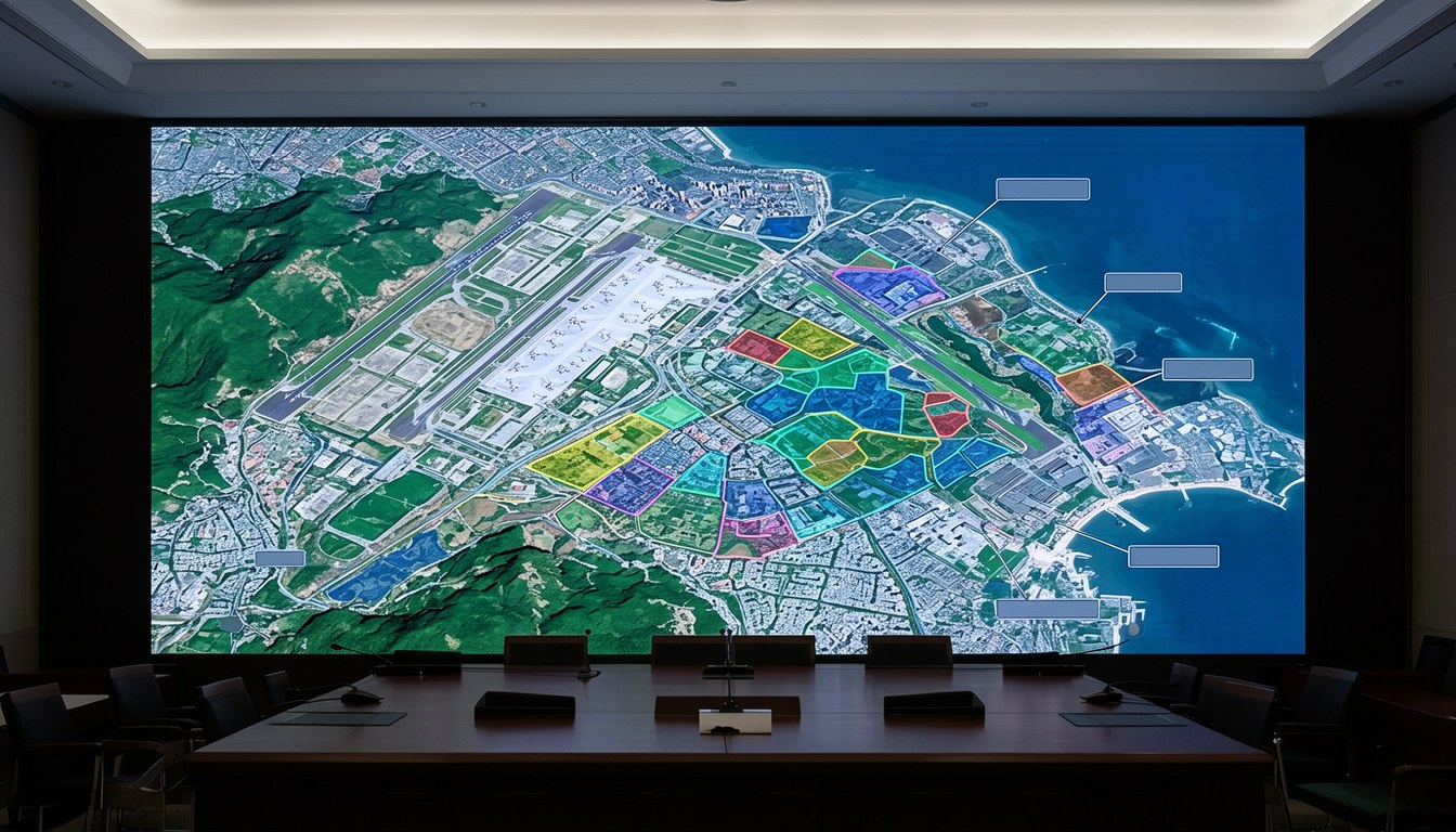 示意圖：機場及旁邊大型開發用地，遠處高樓城市群