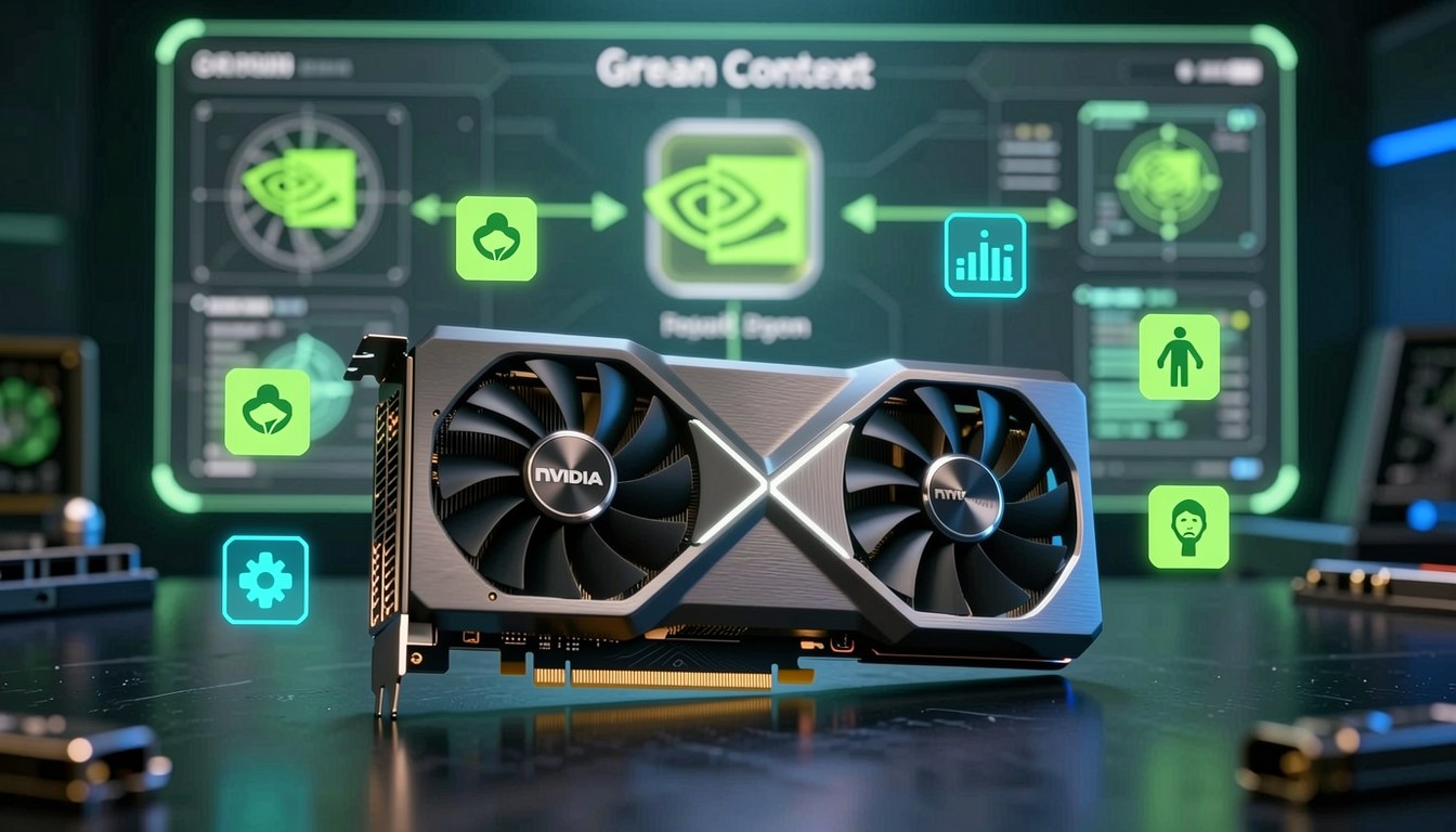 一塊 GPU 晶片被劃分成多個獨立運算區域，每個區域獨立運行不同工作負載，示意圖