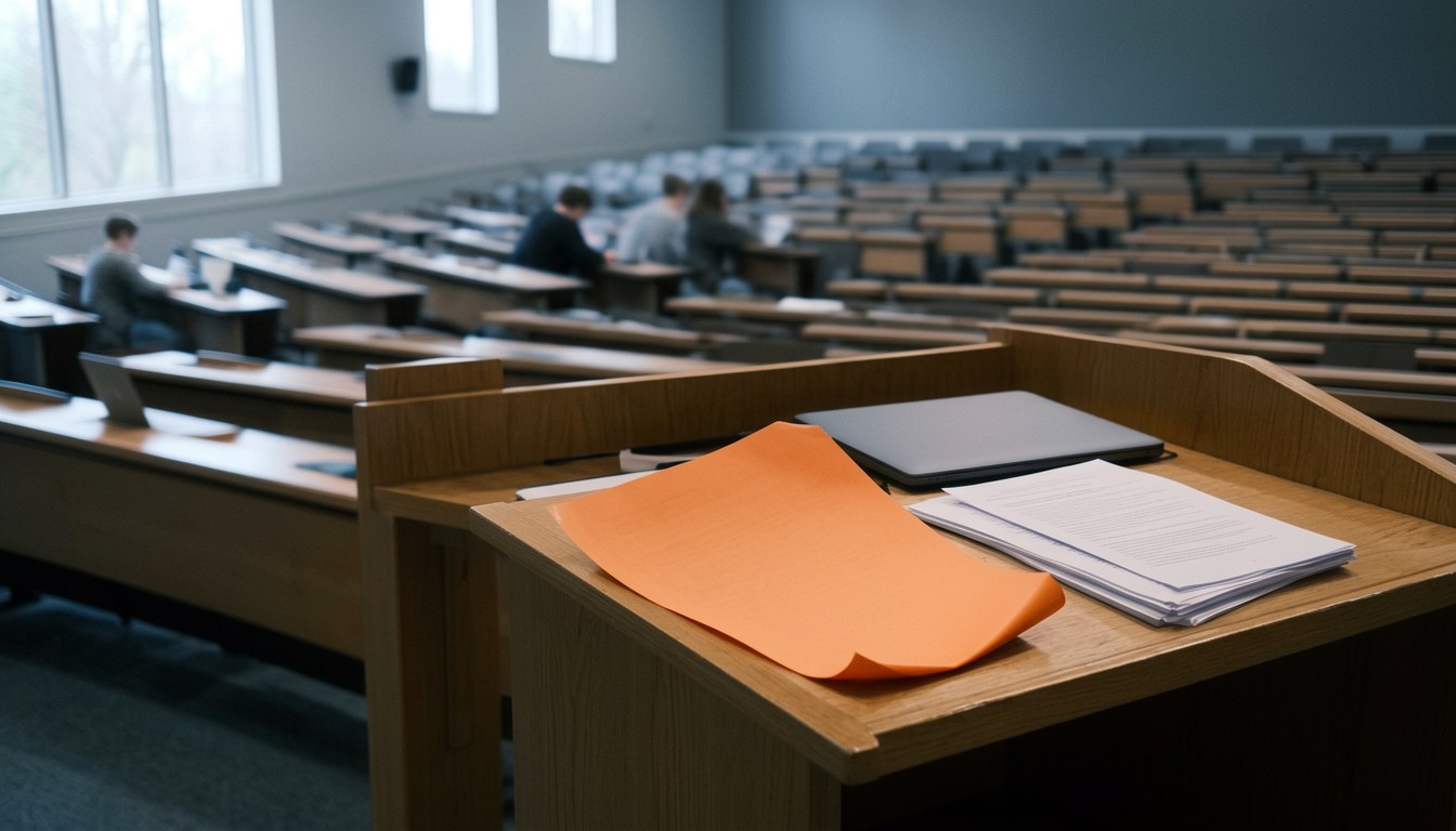 大學教室，學生背影喺課室討論，前方投影顯示一篇作業，無任何文字