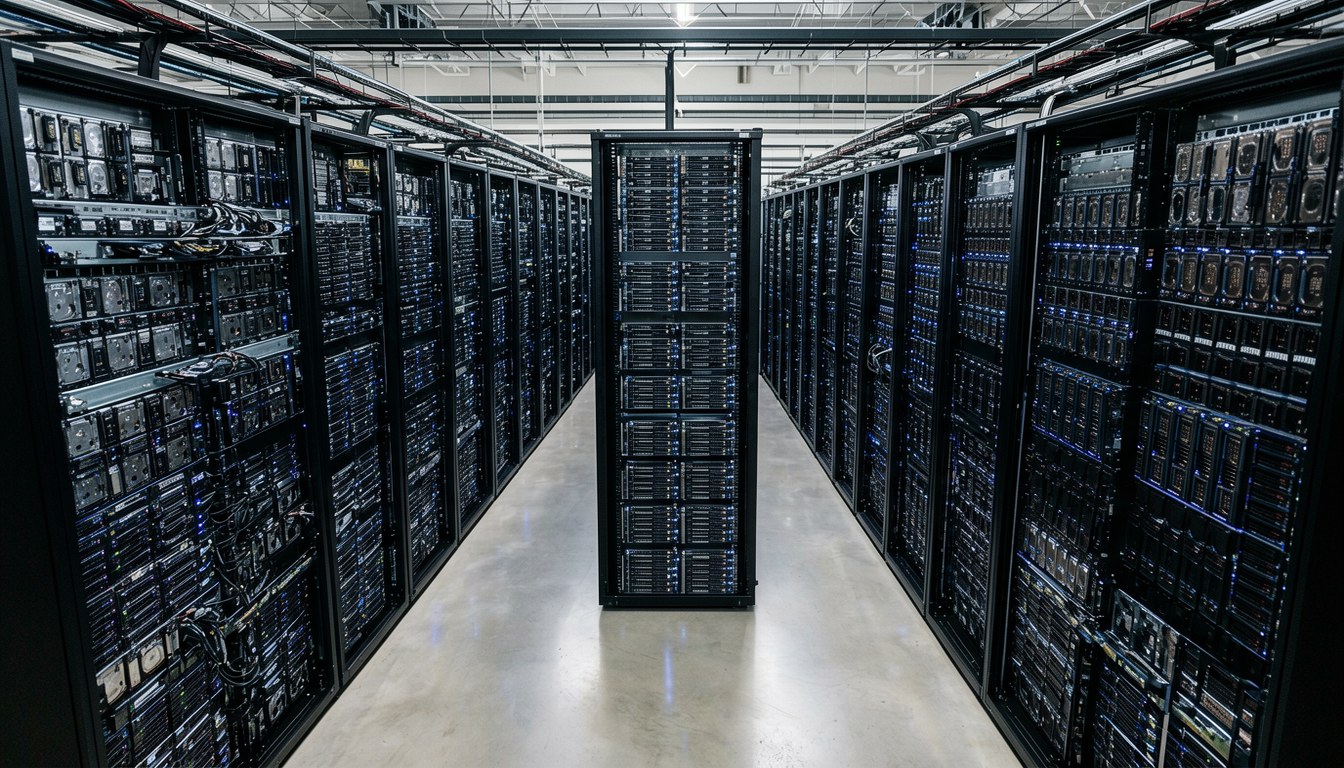 示意圖：資料中心儲存機房，前景擺放多塊硬碟（HDD），無人出現。