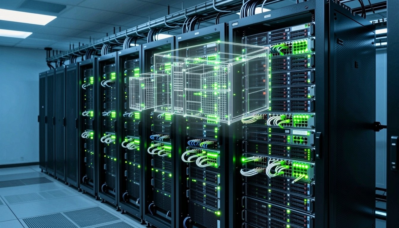 AI 工厂服务器机房，上方有数字孪生全息投影覆层（示意圖）