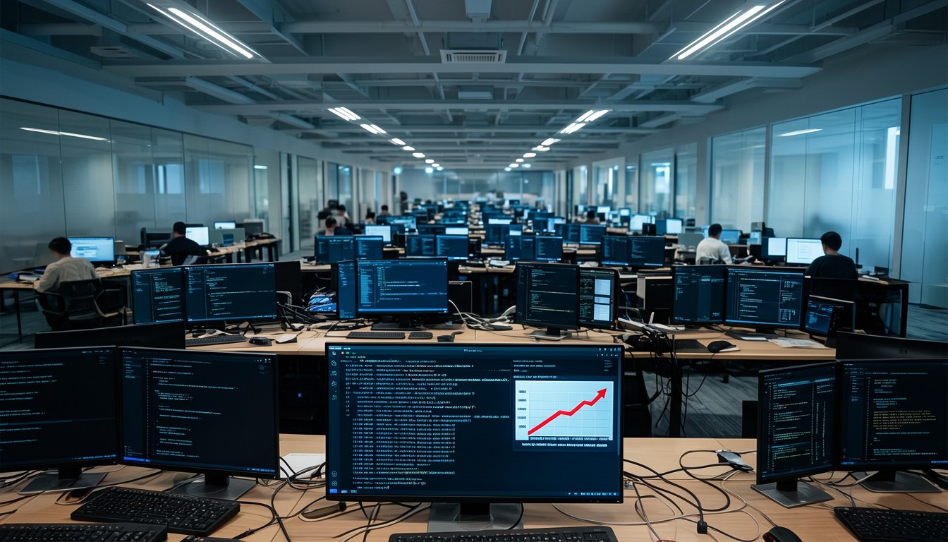 深夜辦公室內多塊顯示螢幕展示程式碼，空無一人，象徵 AI 編程工具嘅持續使用