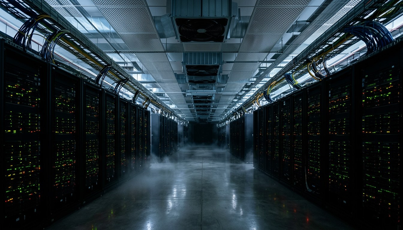 AI 算力中心機房內一排伺服器（示意圖）