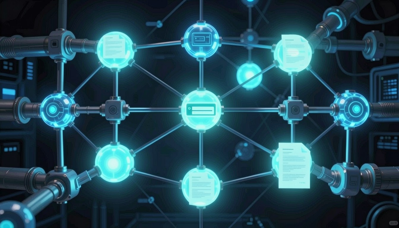 示意圖：AI agent 搜尋架構，多個節點交換查詢同證據文件