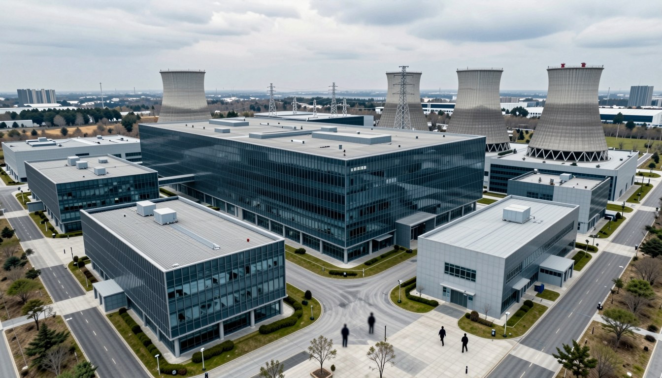 AI 工廠校園示意圖：包含數據主樓、機房、變電站同冷卻設備嘅整體佈局