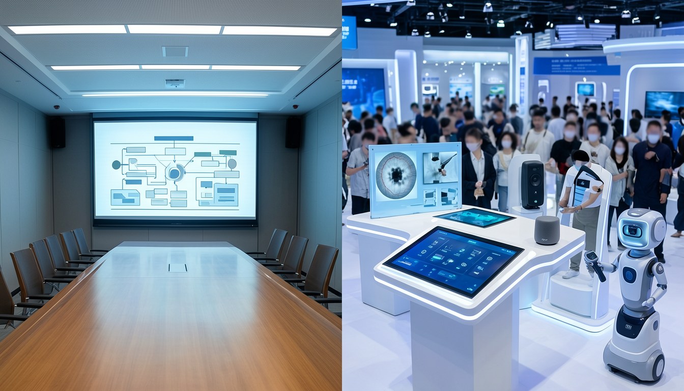 一座現代展廳，展台上擺放著服務機器人及電腦螢幕，牆上展示AI應用相關圖表，現場有觀眾背影，遠處人形模糊。