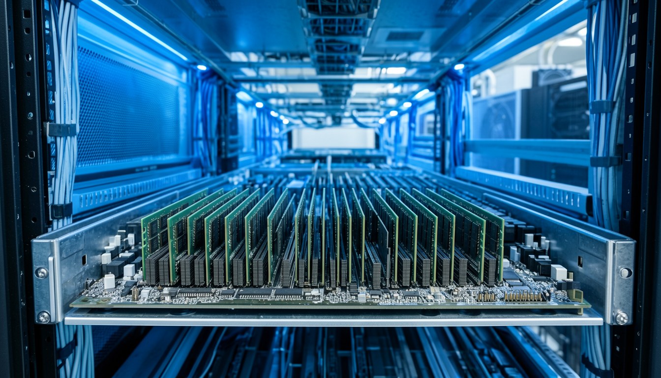 資料中心伺服器機架上嘅 DDR5 RDIMM 記憶體模組，特寫顯示高密度垂直堆疊 DRAM 晶粒，背景為機房冷卻系統