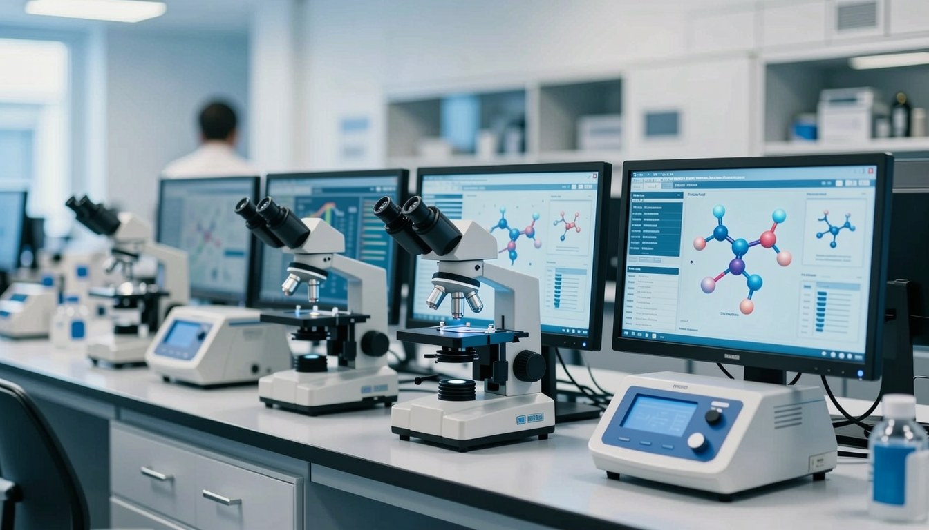 示意圖：AI 代理協助生命科學研究，背景為實驗室設備同數據屏幕