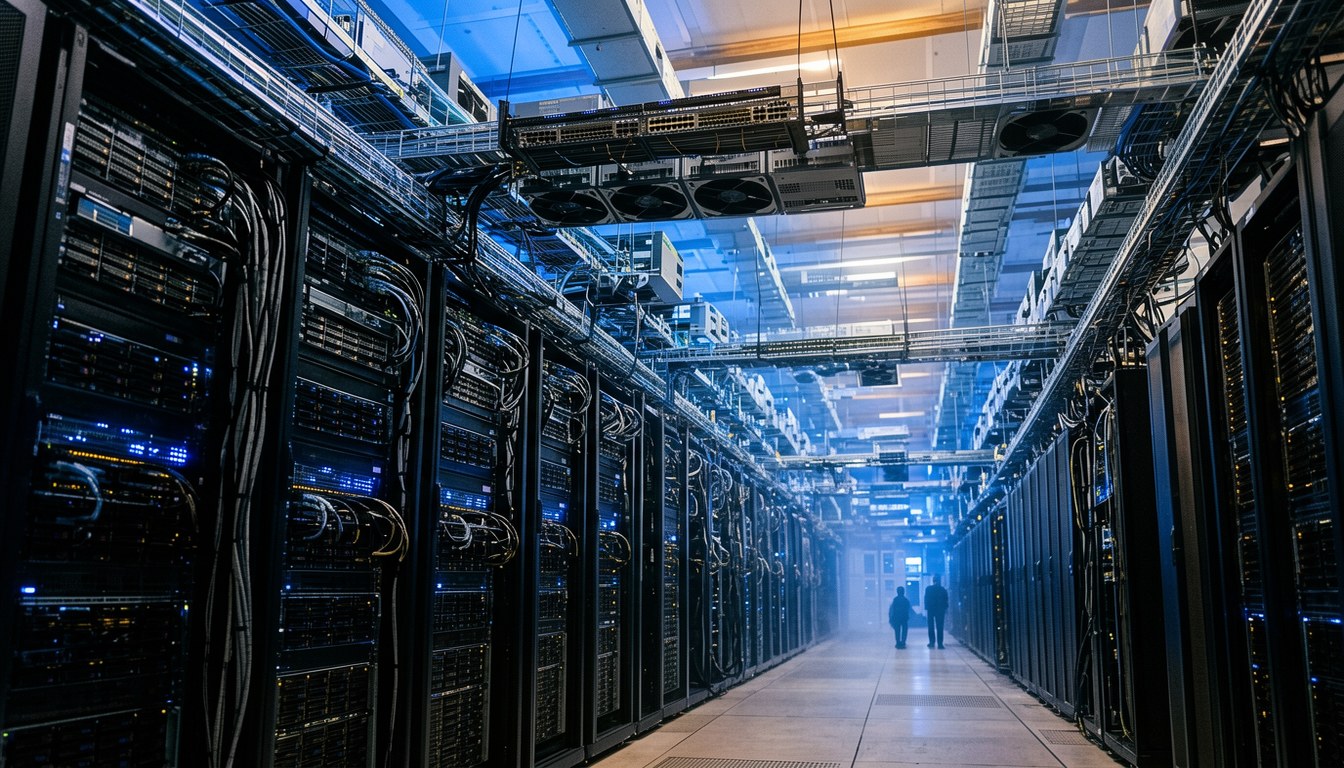 示意圖：大型 AI 算力集群機房，多列 GPU 機櫃與狀態燈，無人