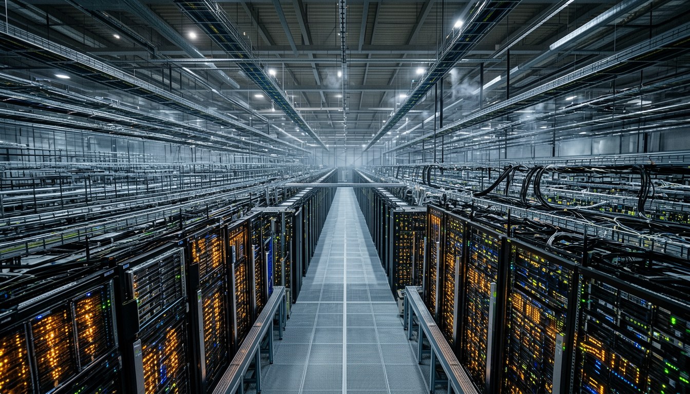 示意圖：大型資料中心嘅 GPU 服務器機房，一排排運算裝置延伸入深處，象徵訓練超大模型所需嘅龐大算力。