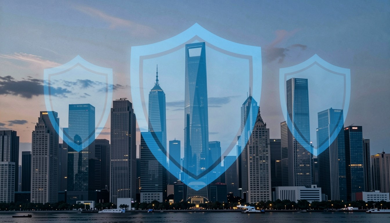 網路安全防護概念示意圖：數字化的城市天際線上方有透明盾形防護層