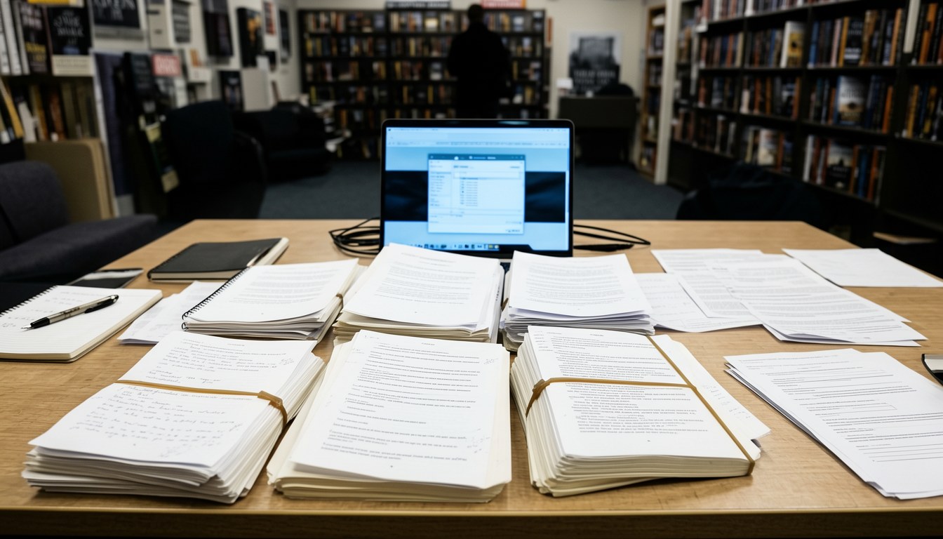 堆疊嘅手稿同編輯用紅筆，旁有一部筆電螢幕顯示文件 metadata，隱喻小説稿本嘅 AI 疑雲