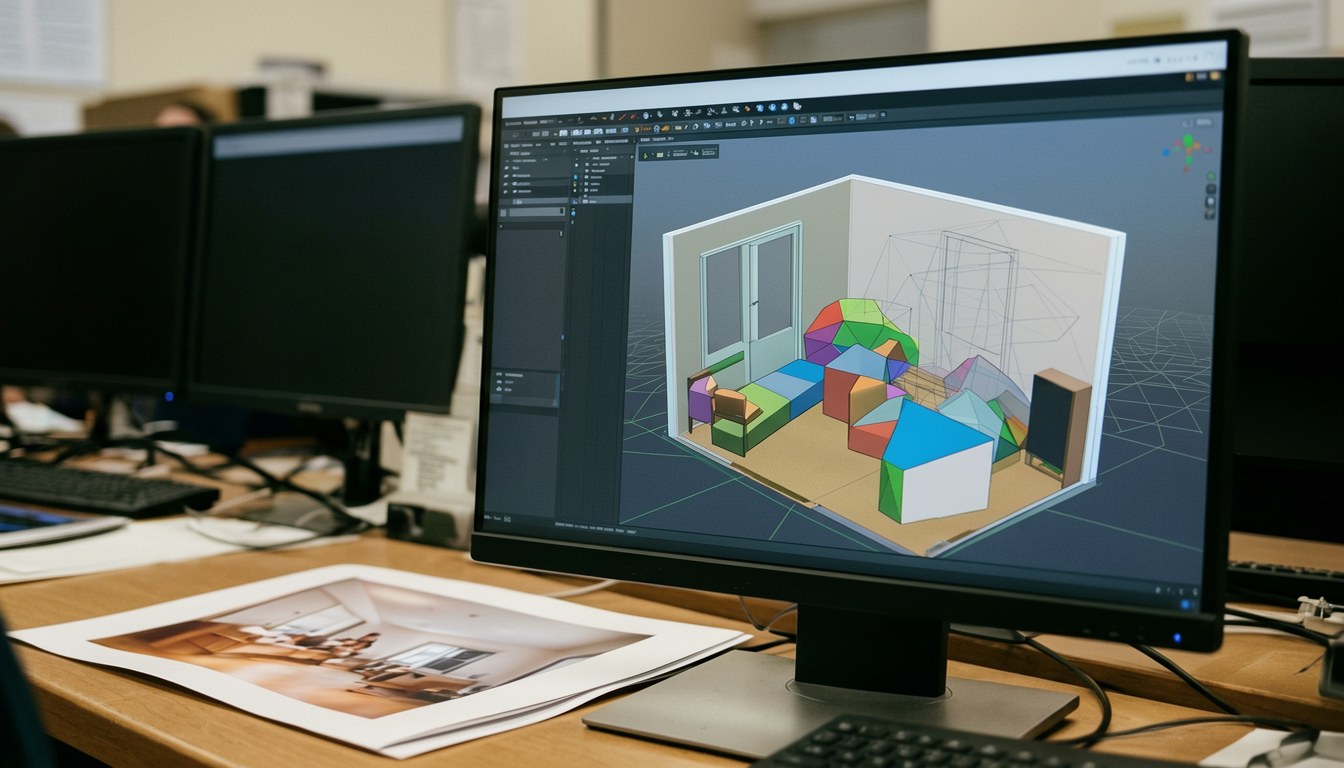 一組顯示 3D 場景建模軟件視圖嘅電腦，旁邊放住一張同一房間嘅參考相片（示意圖）