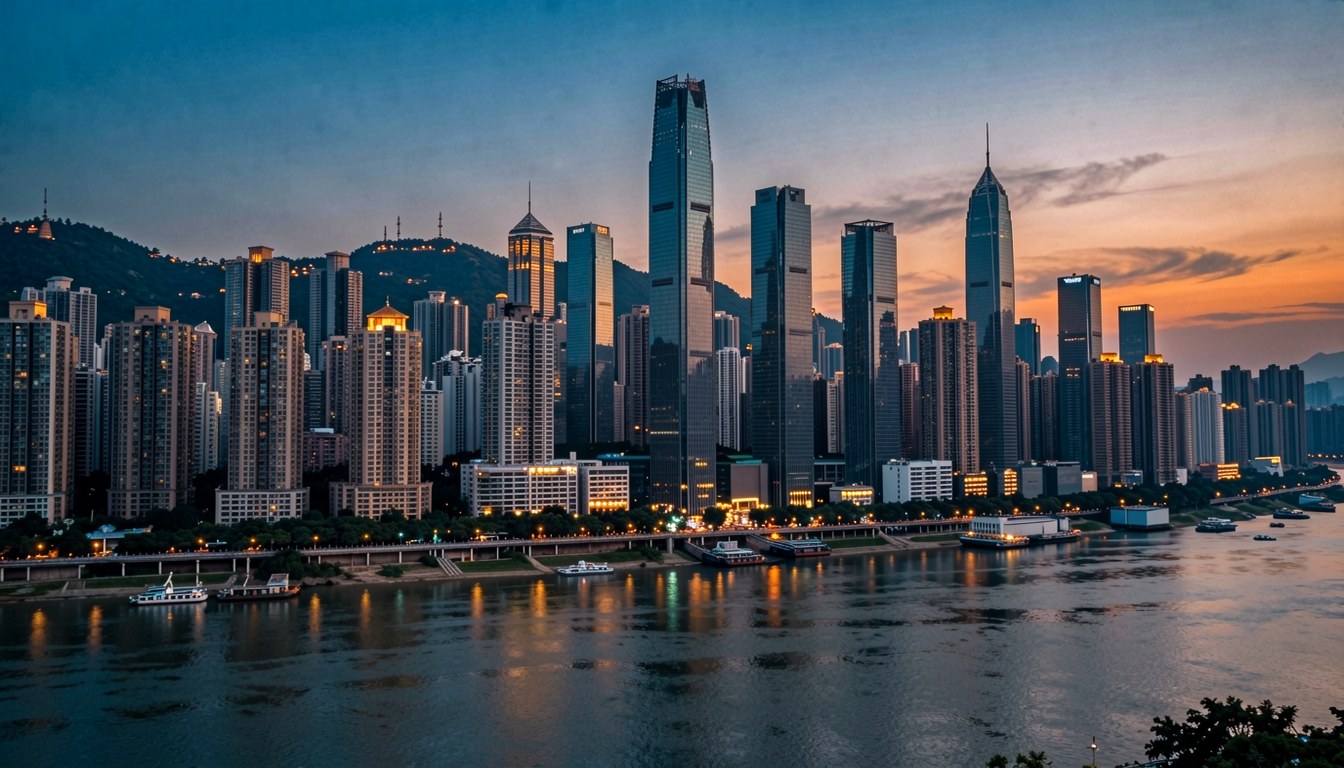 重慶城市天際線，背景有現代化建築與工業設施，天色偏暗，象徵智慧城市與AI治理