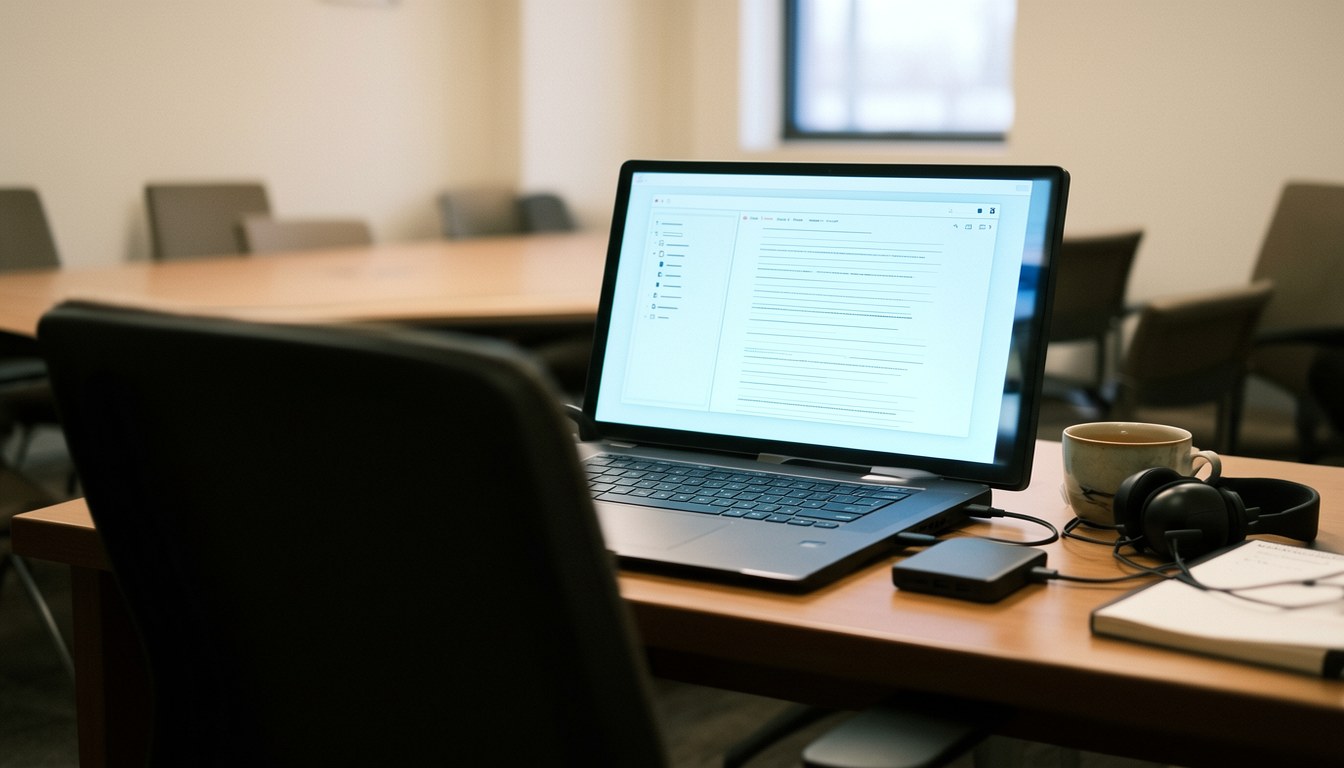 一部 MacBook 螢幕顯示並排欄位的 AI 會議筆記介面，左欄有會議標題，右欄有文字摘要，背景為模糊的辦公環境。無人脸。