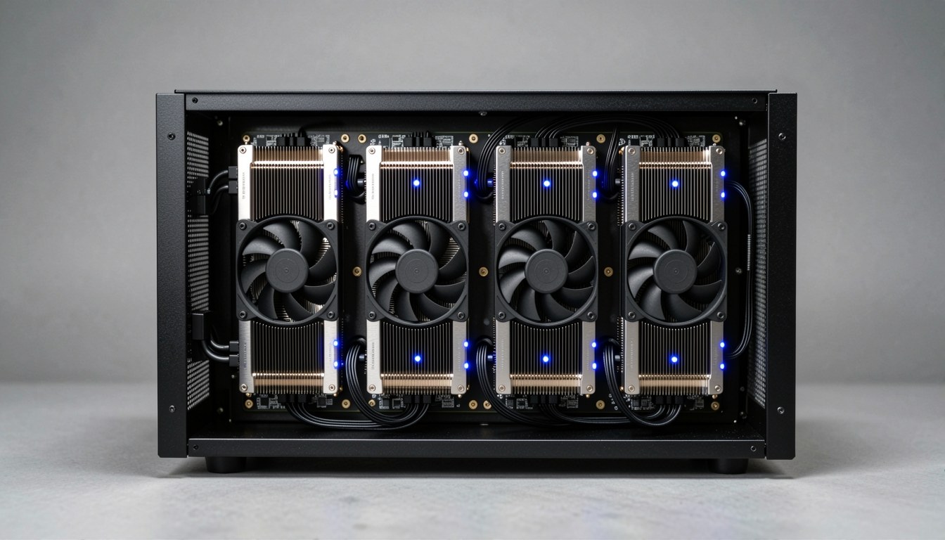 示意圖：一臺多 GPU 模組緊湊式工作站內部結構