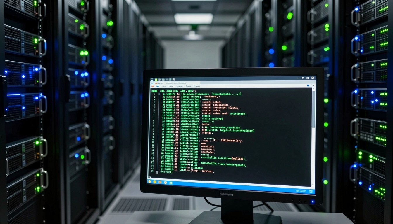 伺服器機房通道嘅意象圖，暗示 coding agent 嘅 session 可持久保存，唔會因崩潰而中斷。