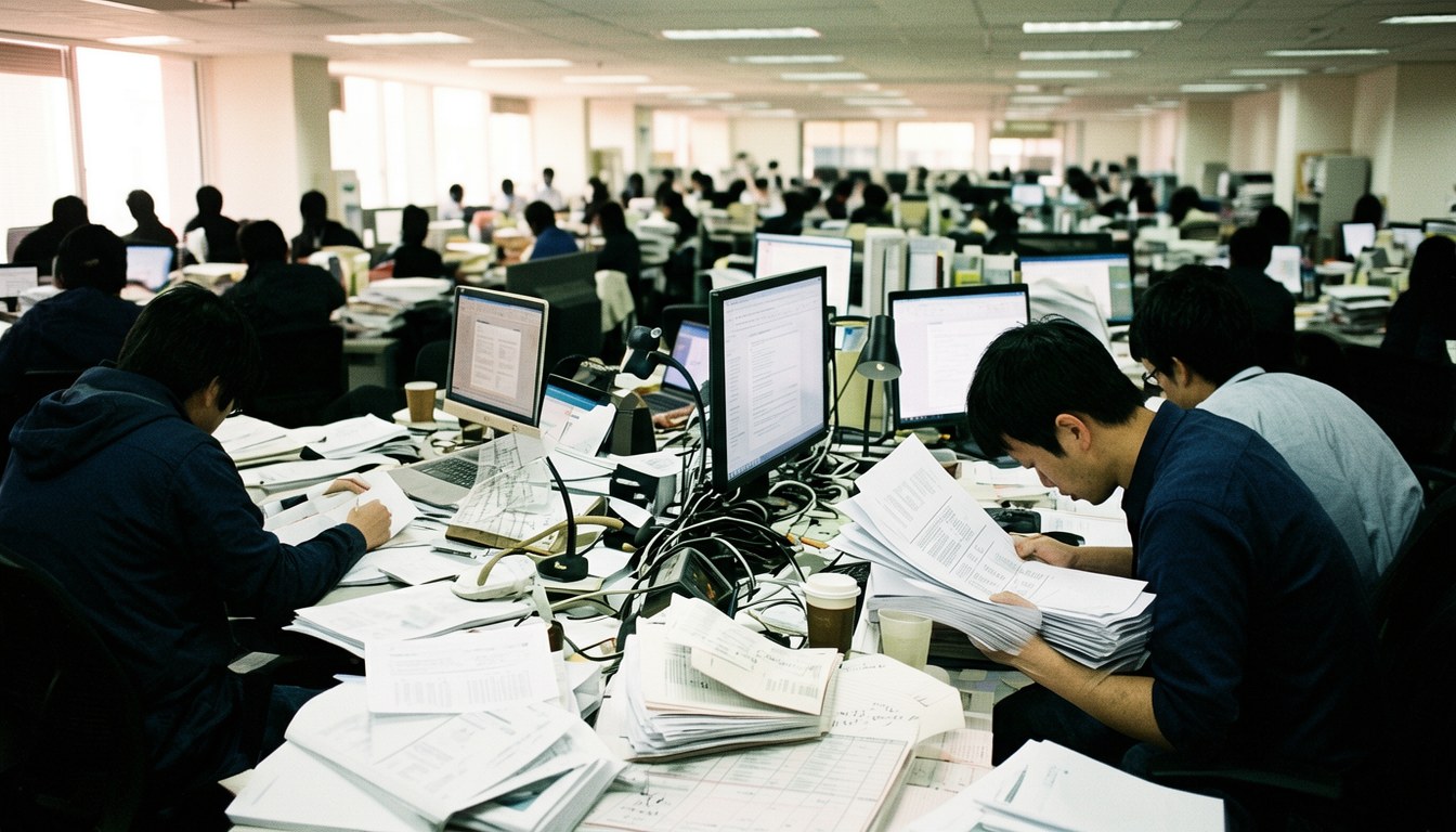 辦公室員工使用 AI 工具，場面繁忙