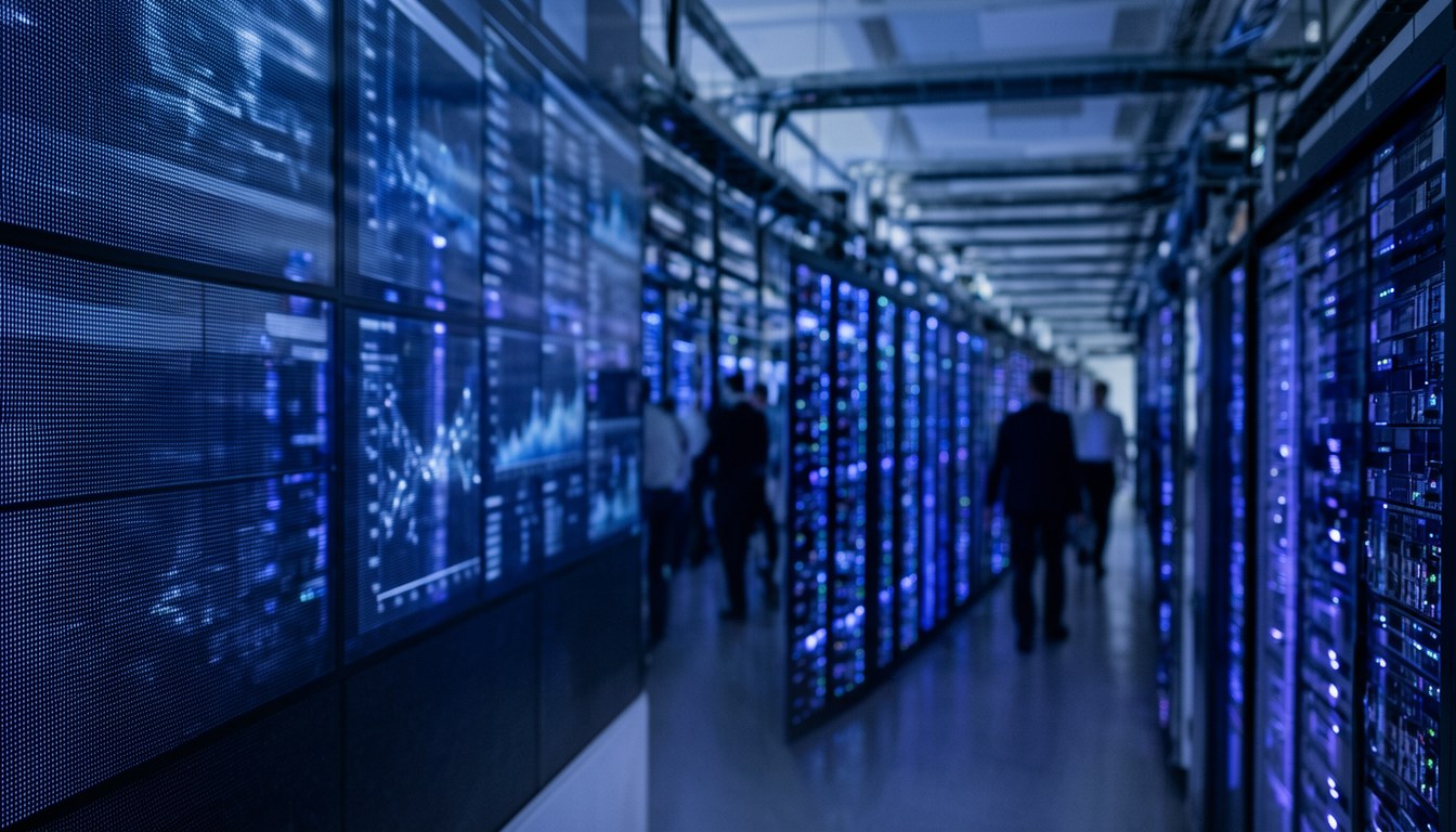 企業數據中心嘅伺服器機房，無文字無標誌