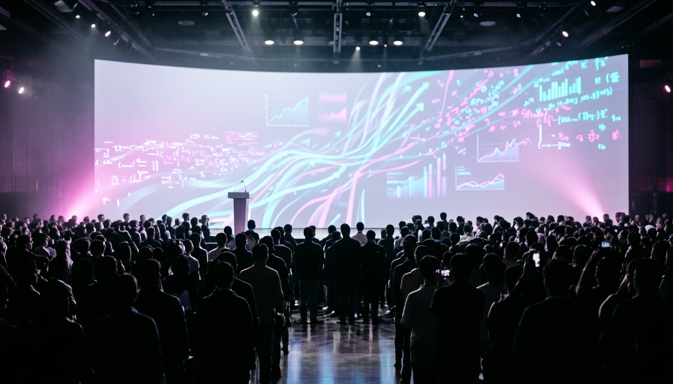 GitHub Universe 2026 大會現場，舞台大屏幕顯示開發數據（示意圖）