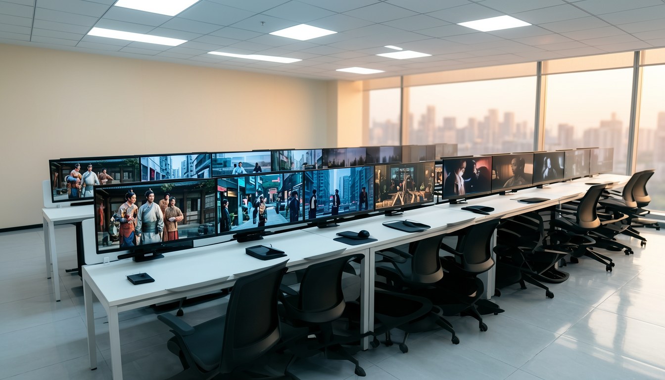 AI 短劇製作工作室示意圖，顯示影片編輯工作站