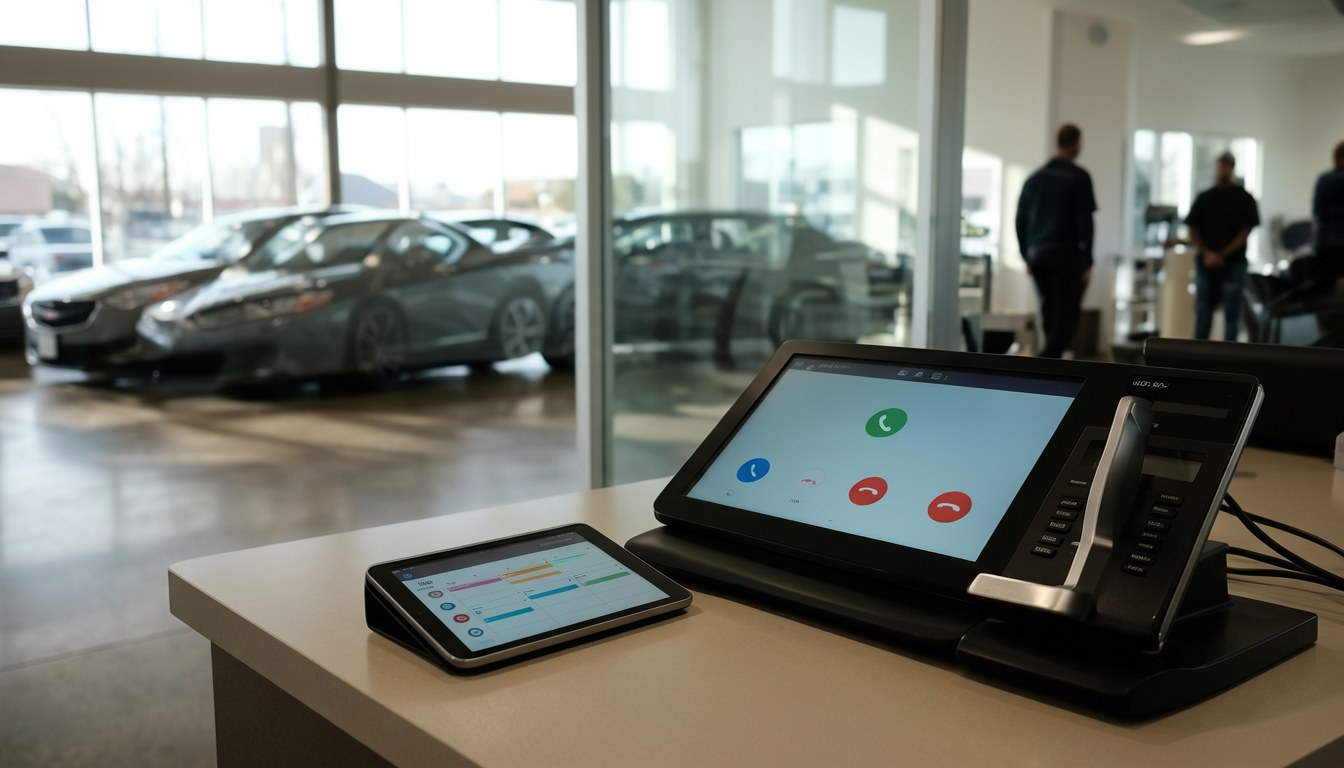 示意圖：汽車銷售廳，AI 系統於後台運行，處理預約同客户查詢。