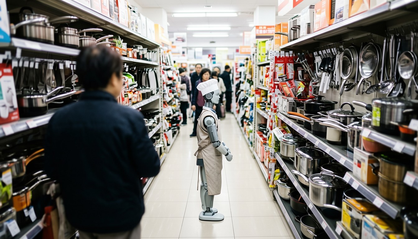 一間廚房用品門市內，一個約1.3米高人形機械人站在炒鑊貨架旁向一家三口講解產品，背景為其他顧客