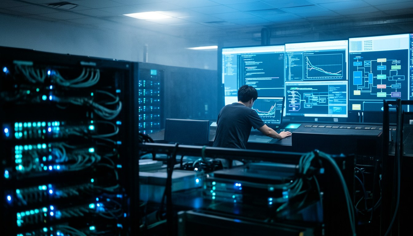 抽象示意圖：AI 系統運行時自動迭代改進自身配置，無真人面孔