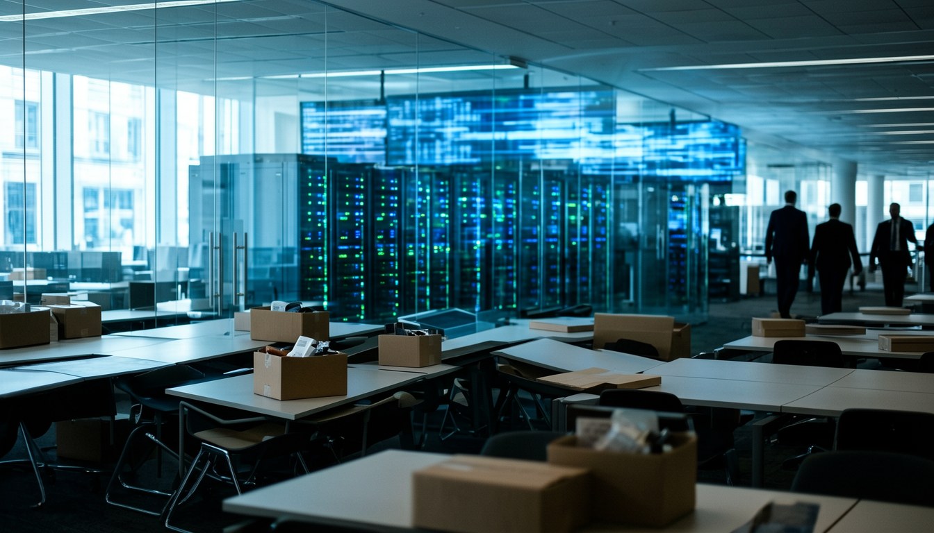英國金融城嘅銀行大樓，前方有員工剪影排隊離開