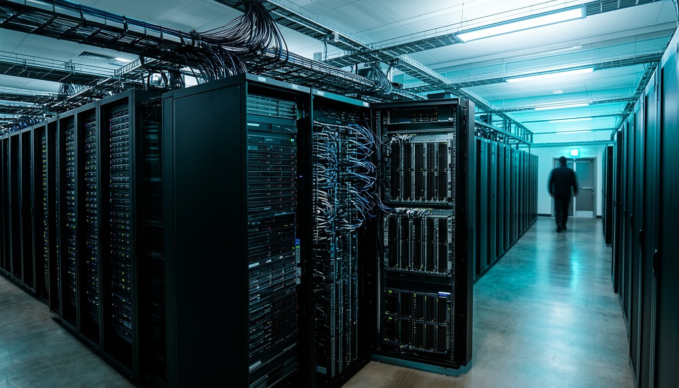 資料中心機櫃示意圖，藍光狀態燈，象徵多代理協作網絡。