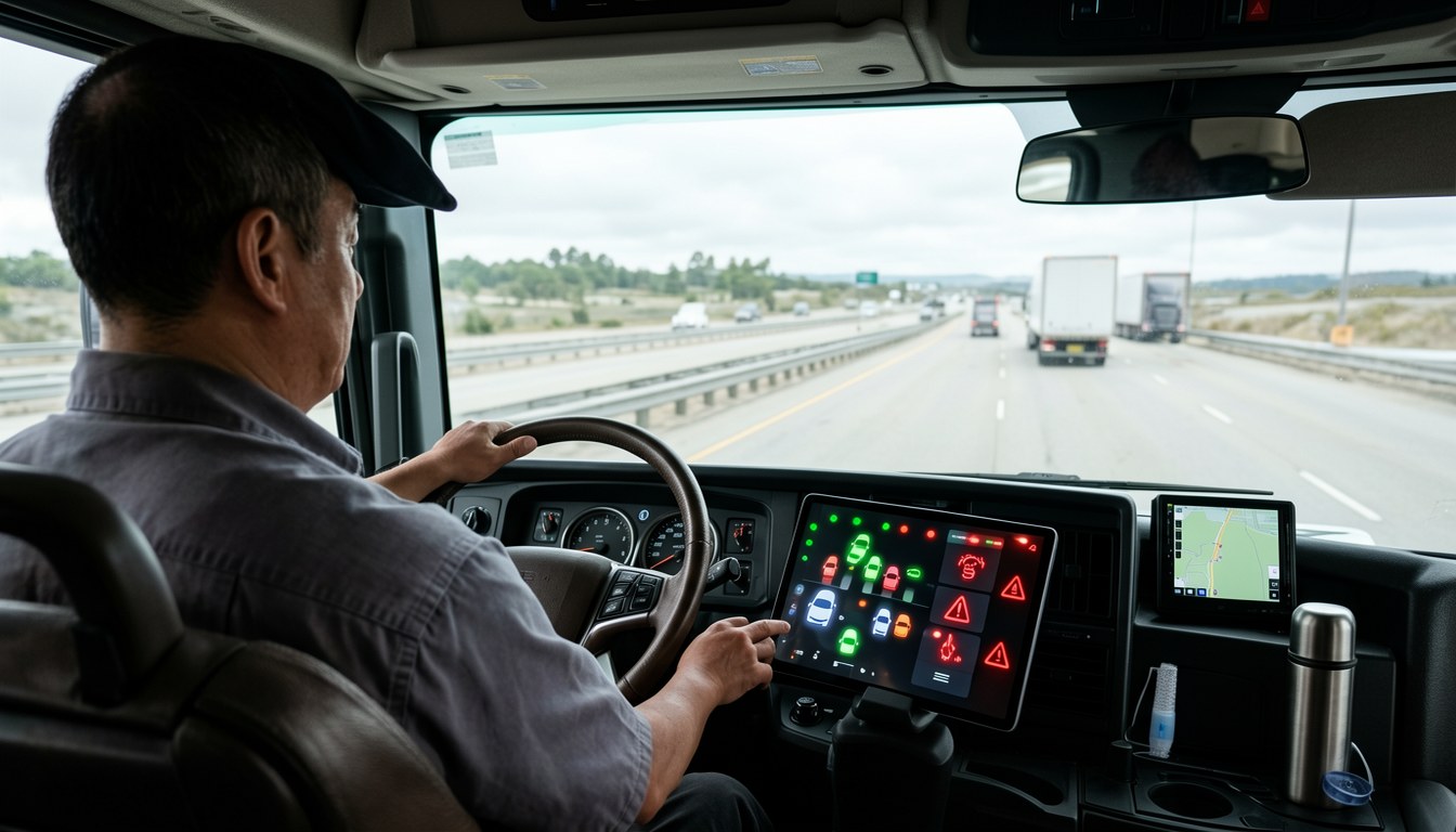 示意圖：貨車隊管理監控中心，螢幕顯示車輛追蹤數據