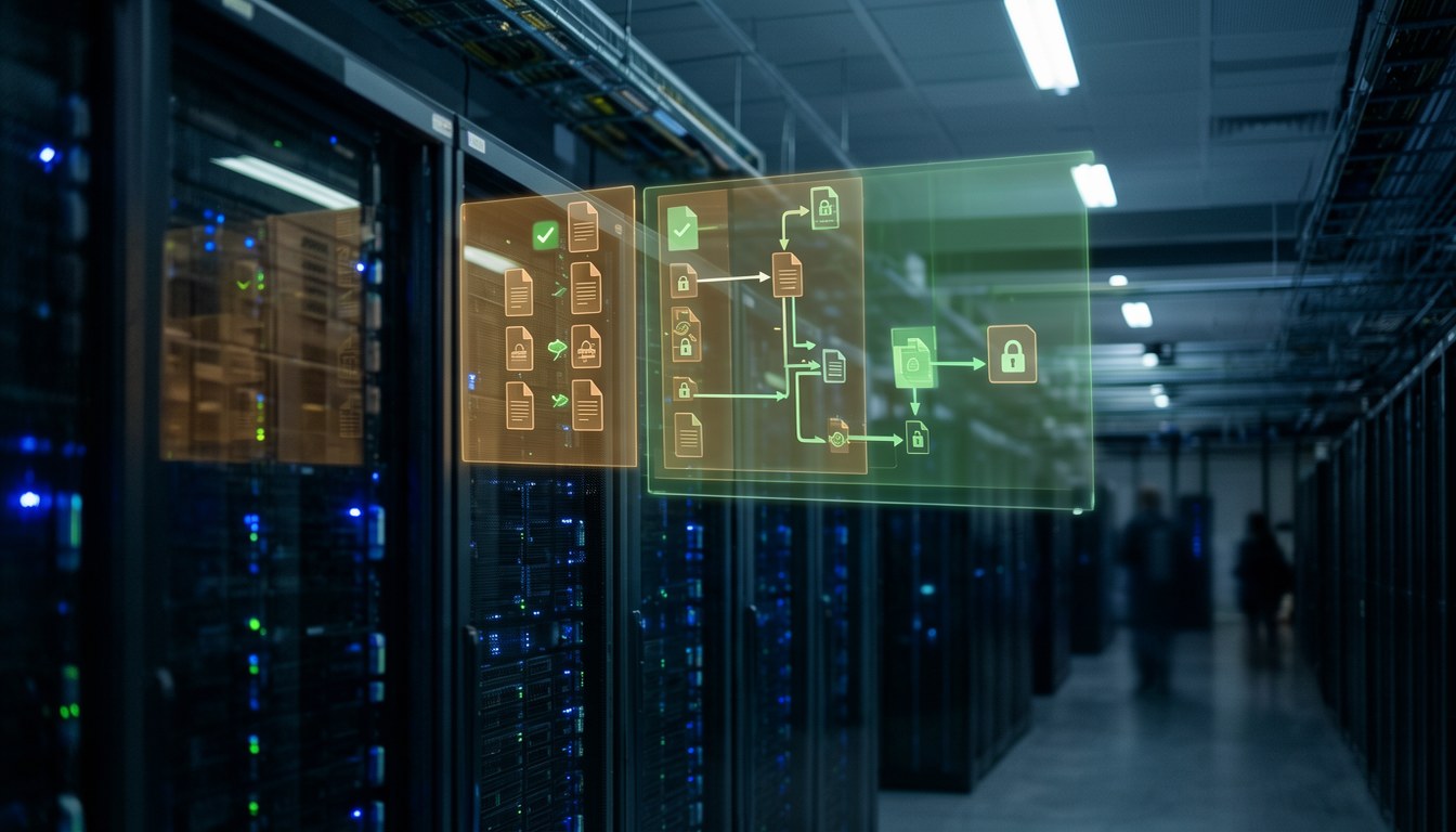 企業文件系統嘅權限控制示意圖，文件入面有鎖圖示，背景模糊