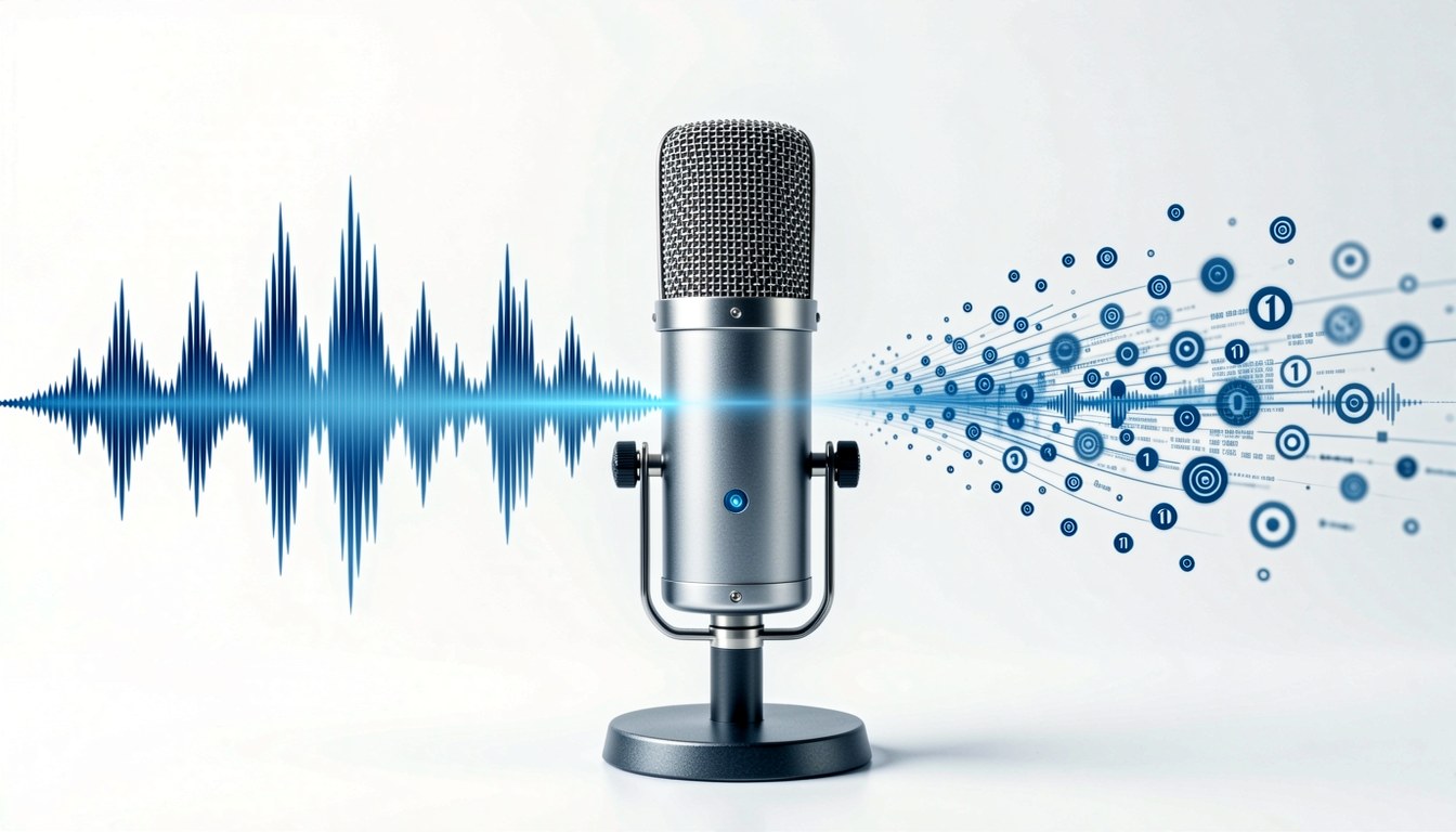 示意圖（AI 生成）：實時語音轉文字技術概念，聲波即時轉為文字數據流。