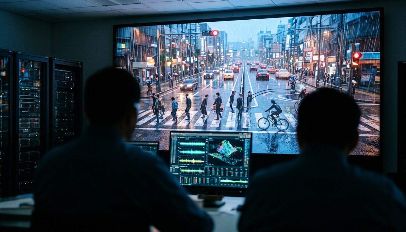 自動駕駛測試場地示意圖：車輛於封閉場內運作，後方為數據中心機房。