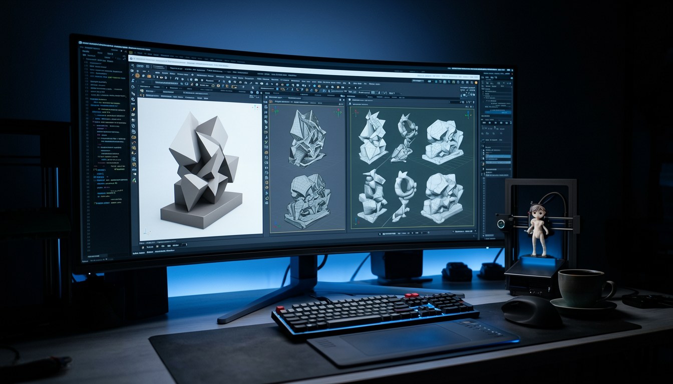 一個帶翼戰士雕像嘅 3D 網格模型特寫，顯示表面三角形幾何，無真人、無文字。