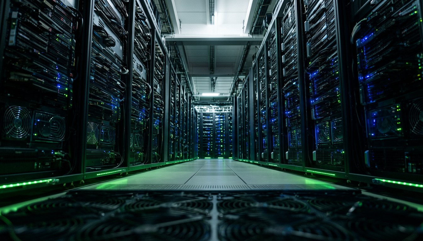 示意圖：數據中心內一排排裝滿GPU嘅服務器機櫃