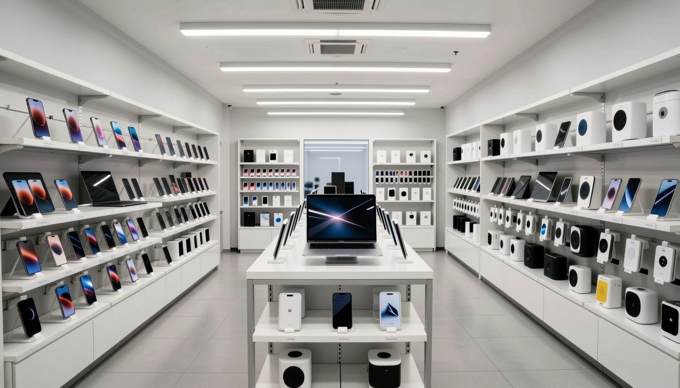 示意圖：中國城市商場內電子產品貨架，背景有人工智能相關標示，象徵科技滲透商貿。