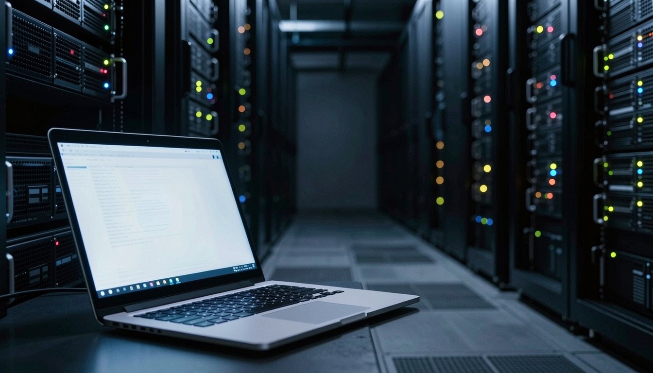 左邊一部筆記本電腦同右邊資料中心機架嘅對比，顯示本地同雲端計算環境